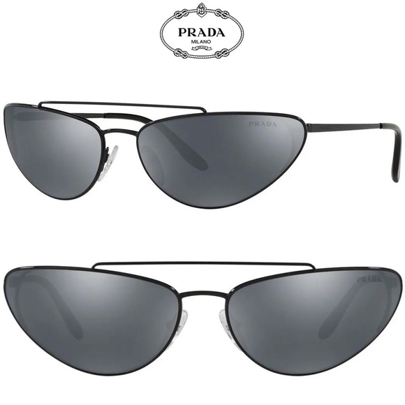 PRADA SPR62V 1AB-5L0 BLACK METAL GREY W/ MIRROR EFFECT CAT EYE SUNGLASSES. 66mm - Picture 1 of 13